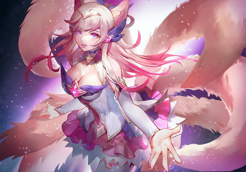 ahri alternate_costume alternate_eye_color alternate_hair_color animal_ears boots breasts choker cleavage detached_sleeves female fingernails fox_ears fox_tail hair_ornament hairband league_of_legends legs long_hair long_legs magical_girl multiple_tails nail_polish peach_hair skirt spread_legs star_guardian_ahri tail thigh_boots thighhighs thighs white_legwear