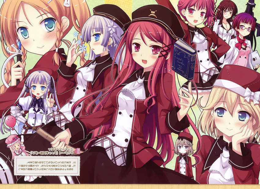 6+girls :d absurdres black_legwear blonde_hair blue_eyes blush book breasts brown_hair buttons character_request cleavage hat hatano_ririko highres hinomiya_ayari kadone_makie kagami_yuko katayama_yoshiko konno_koharu ko~cha long_sleeves looking_at_viewer marcia_mcclellan medium_breasts multiple_girls open_mouth purple_eyes purple_hair red_hair saimon_eclair saimon_misumi siblings sisters smile snowflakes standing sword twintails uniform weapon witch's_garden witch_hat yukimura_akeno yukimura_suzuno