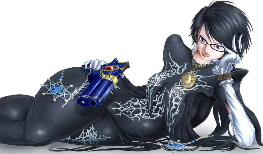 alternate_hair_length alternate_hairstyle amulet bad_id bad_pixiv_id bayonetta bayonetta_(series) bayonetta_2 black_hair blue_eyes bodysuit breasts elbow_gloves female glasses gloves gun handgun head_rest kasu_(kasunohikari) large_breasts licking_lips lipstick lying makeup mole on_side short_hair solo tongue tongue_out weapon white_gloves