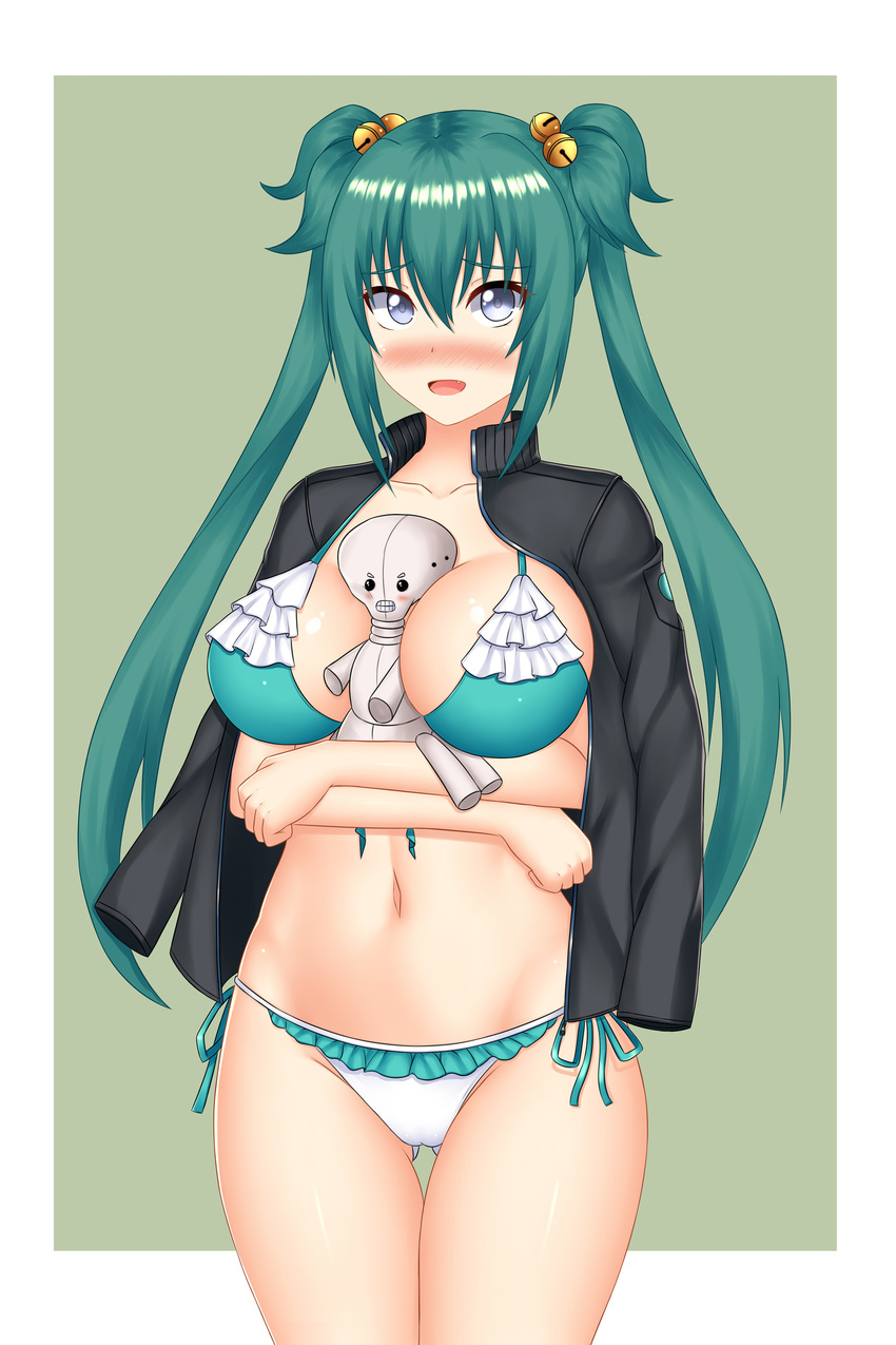 absurdres arm_across_waist ass_visible_through_thighs bell between_breasts bikini blue_eyes blush breasts cowboy_shot crossed_arms cui_yifei eyebrows_visible_through_hair frilled_bikini frills green_bikini_top green_hair hair_bell hair_ornament highres jacket_on_shoulders keshigomu large_breasts long_hair looking_at_viewer muvluv muvluv_alternative navel nose_blush oerba_yun_fang open_mouth side-tie_bikini smile solo stomach swimsuit teeth thigh_gap twintails two-tone_bikini two_side_up very_long_hair white_bikini_bottom