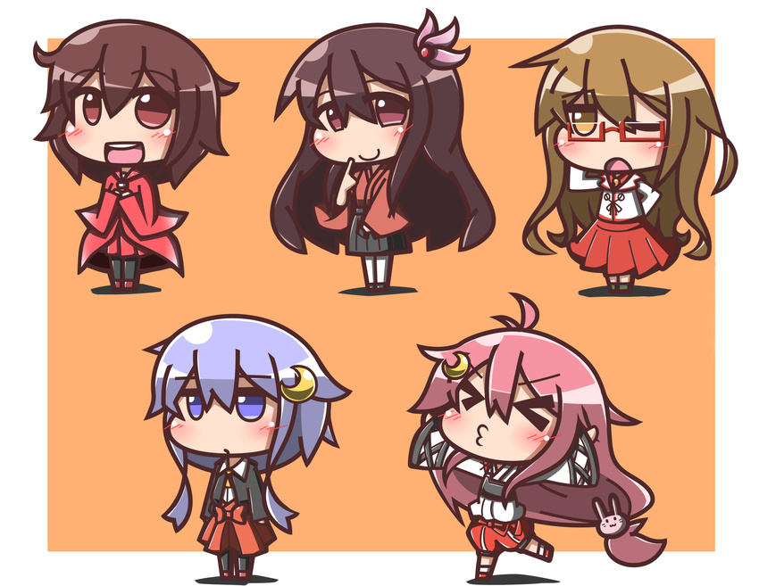 >_< 5girls :3 ahoge blue_eyes blue_hair blush_stickers brown_eyes brown_hair chibi chitose_(kancolle) chitose_(kancolle)_(cosplay) closed_eyes commentary cosplay crescent crescent_hair_ornament feiton finger_to_mouth glasses hair_between_eyes hair_ornament highres houshou_(kancolle) houshou_(kancolle)_(cosplay) japanese_clothes jitome jun'you_(kancolle) jun'you_(kancolle)_(cosplay) kantai_collection kimono kisaragi_(kancolle) light_brown_hair long_hair long_sleeves looking_at_viewer looking_away low-tied_long_hair mochizuki_(kancolle) multiple_girls mutsuki_(kancolle) o3o one_eye_closed open_mouth orange_background outstretched_arms pink_hair rabbit_hair_ornament ryuuhou_(kancolle) ryuuhou_(kancolle)_(cosplay) semi-rimless_eyewear short_hair short_hair_with_long_locks sidelocks simple_background sleeves_past_wrists smile spread_arms standing taigei_(kancolle) tareme uzuki_(kancolle) very_long_hair x3 yayoi_(kancolle) zuihou_(kancolle) zuihou_(kancolle)_(cosplay)