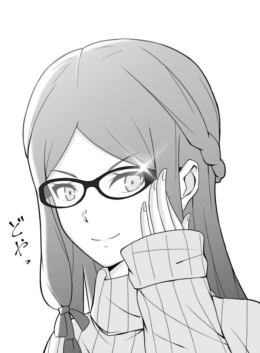 bad_id bad_twitter_id blush fan_la_norne female glasses greyscale highres long_hair looking_at_viewer mebi_il monochrome simple_background smile solo sweater xenoblade_chronicles_(series) xenoblade_chronicles_2 xenoblade_chronicles_2:_torna_-_the_golden_country