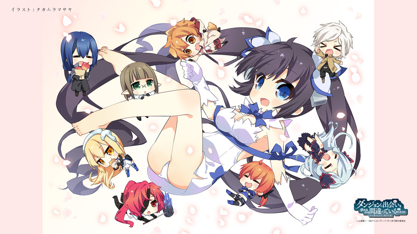 aiz_wallenstein ass bell_cranel chibi cleavage dress dungeon_ni_deai_wo_motomeru_no_wa_machigatteiru_darou_ka eina_tulle eyepatch feet freya_(dungeon) hephaestus_(dungeon) hestia_(dungeon) liliruca_arde loki_(dungeon) megane no_bra pantsu pointy_ears takamura_masaya thighhighs weapon