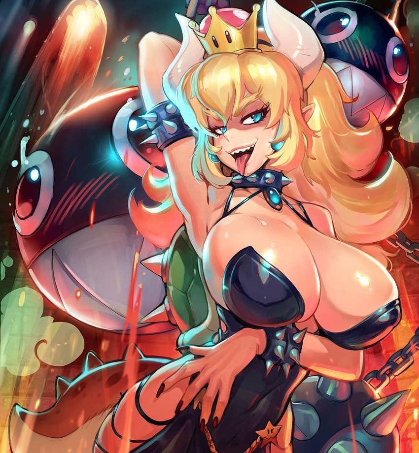 arm_up armpits blonde_hair blue_eyes bowsette breasts cleavage crown female horns large_breasts mario_(series) new_super_mario_bros._u_deluxe nintendo open_mouth reiq rule_63 sharp_teeth solo teeth tongue tongue_out