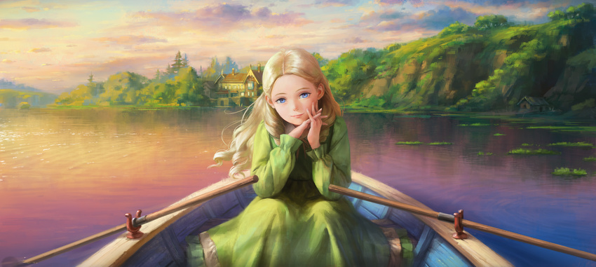 blonde_hair blue_eyes boat cloud cloudy_sky commentary_request female highres lake light_smile long_hair looking_at_viewer marnie_(omoide_no_marnie) nababa omoide_no_marnie original realistic scenery sky solo sunset watercraft