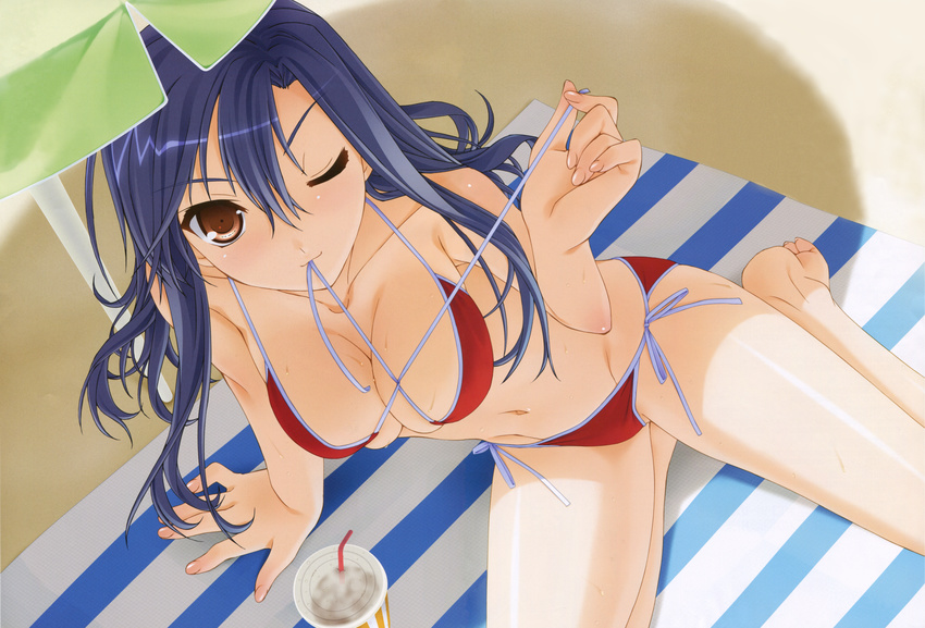 ;) absurdres arm_support barefoot beach beach_towel beach_umbrella bikini blue_hair breasts brown_eyes cleavage cup drink drinking_straw dutch_angle female foreshortening from_above front-tie_bikini_top front-tie_top hair_between_eyes highres large_breasts leaning light_smile long_hair mashiba_sayuri mouth_hold murakami_suigun navel one_eye_closed outdoors pia_carrot_(series) pia_carrot_e_youkoso!!_4 red_bikini ribbon ribbon_in_mouth scan seiza shade shadow side-tie_bikini_bottom sitting skindentation smile solo spread_legs string_bikini striped sweat swimsuit towel transparent umbrella undressing untied_bikini untying