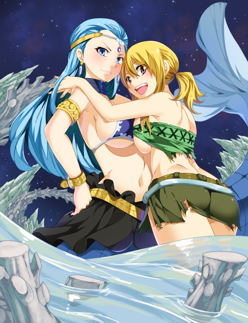 2girls :d absurdres aquarius_(fairy_tail) ass bikini bikini_top_only blonde_hair blue_eyes blue_hair blush breast_press breasts brown_eyes circlet commentary english_commentary fairy_tail hands_on_own_hips highres hug large_breasts long_hair looking_at_viewer lucy_heartfilia mermaid miniskirt monster_girl multiple_girls navel night night_sky open_mouth partially_submerged planeptune side_ponytail skirt sky smile swimsuit symmetrical_docking underboob water