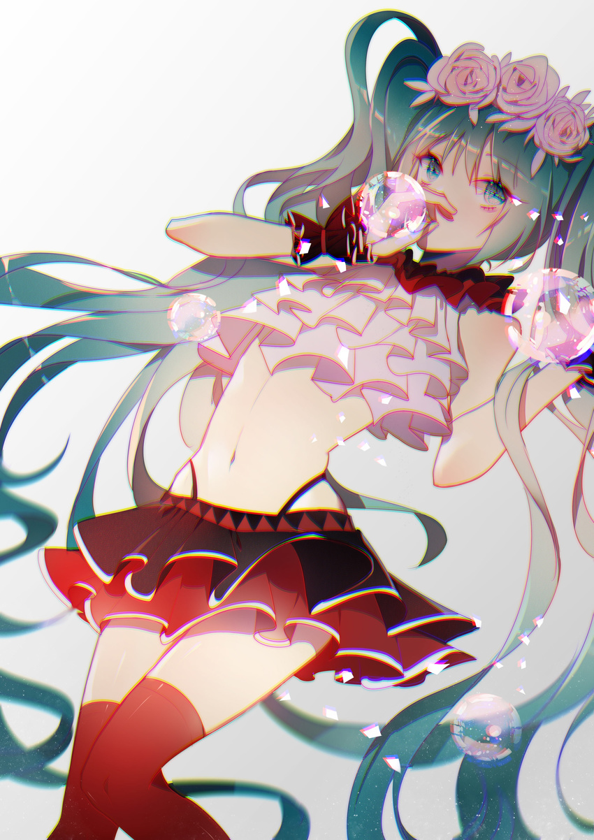 absurdres bad_id bad_pixiv_id bless_you_(module) commentary female floating_hair flower green_eyes green_hair hair_spread_out hatsune_miku head_wreath highres long_hair midriff navel nisoku_hokou_(vocaloid) project_diva_(series) project_diva_f_2nd red_thighhighs rose skirt solo thighhighs twintails very_long_hair vocaloid white_background zhibuji_loom