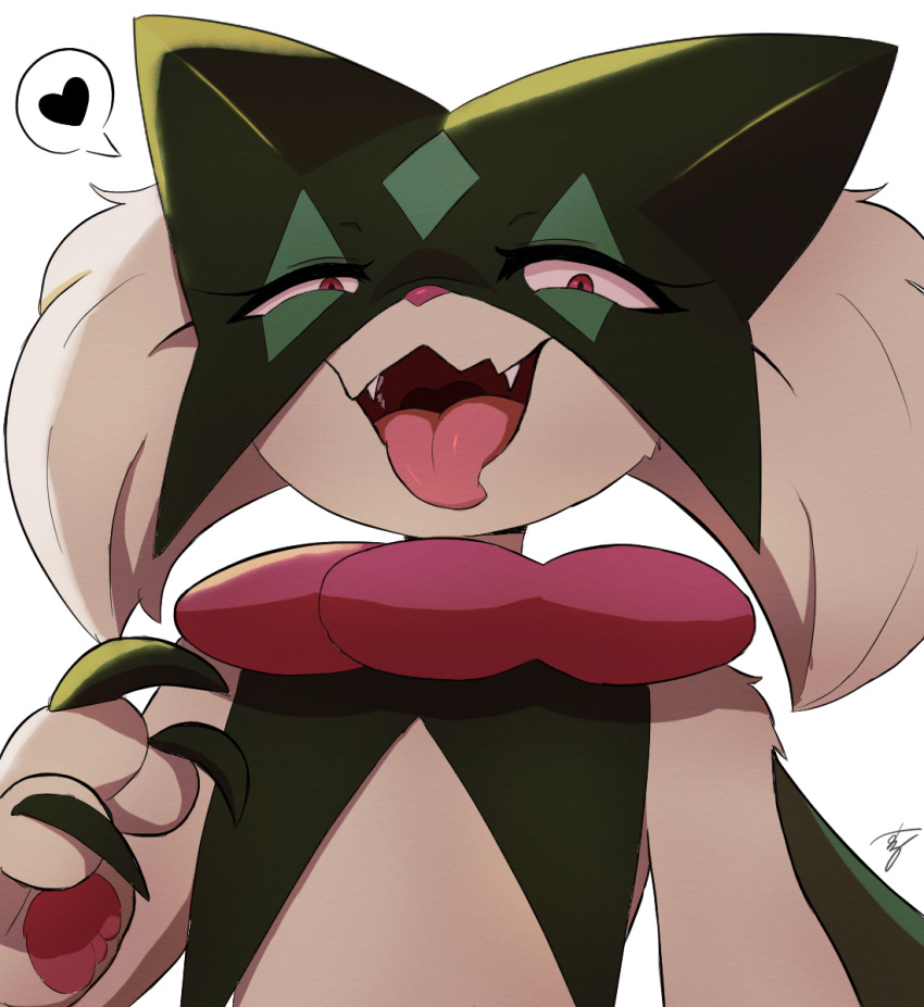 2024 3_fingers ambiguous_gender anthro bust_portrait claws colored eyelashes felid feline finger_claws fingers front_view fur generation_9_pokemon green_body hi_res jagged_mouth kemono looking_at_viewer mammal mask meowscarada monotone_body monotone_fur naughty_face nintendo nude open_mouth open_smile pawpads paws pink_eyes pink_nose pink_pawpads pink_tongue pokemon pokemon_(species) portrait pupils rape_face shaded sharp_teeth signature simple_background smile solo speech_bubble suru56nee tan_body tan_fur teeth tongue tongue_out white_background yandere