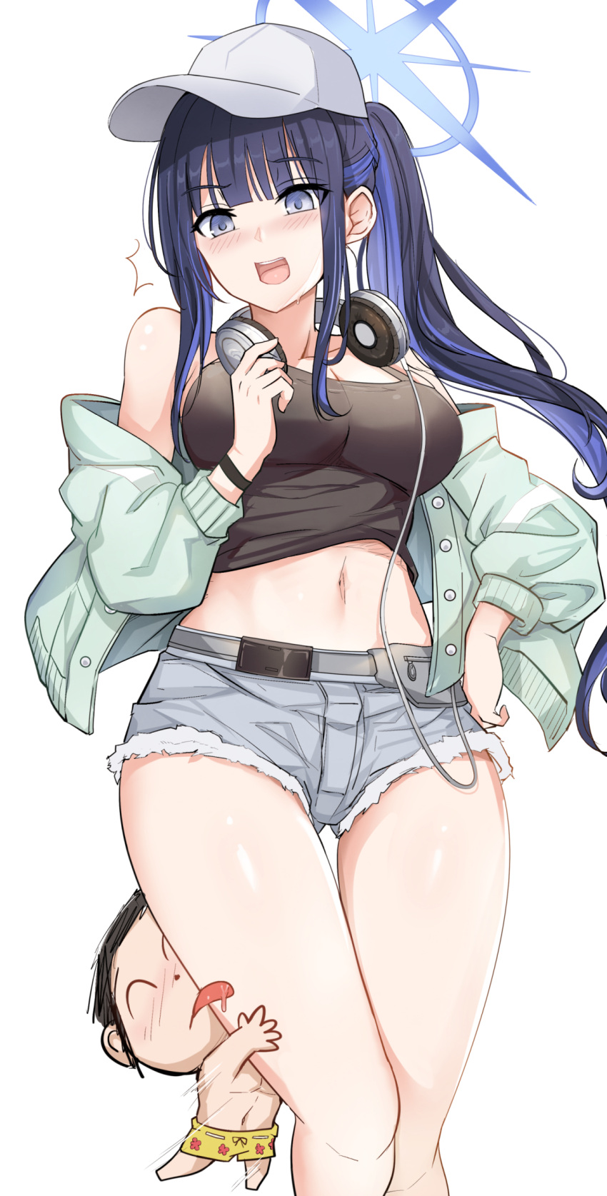 1boy ^^^ bare_shoulders baseball_cap belt black_hair black_tank_top black_wristband blue_archive blue_eyes blue_hair blue_halo blunt_bangs blush breasts cleavage collarbone colored_inner_hair commentary cowboy_shot denim denim_shorts doodle_sensei_(blue_archive) female green_jacket grey_belt halo hand_on_own_hip hat headphones headphones_around_neck highres jacket large_breasts licking_thigh long_hair midriff multicolored_hair navel off_shoulder official_alternate_costume official_alternate_hairstyle open_clothes open_jacket open_mouth ponytail saori_(blue_archive) saori_(swimsuit)_(blue_archive) sensei_(blue_archive) shorts simple_background sleeveless standing sweat symbol-only_commentary tank_top two-tone_hair white_background white_hat yougenko