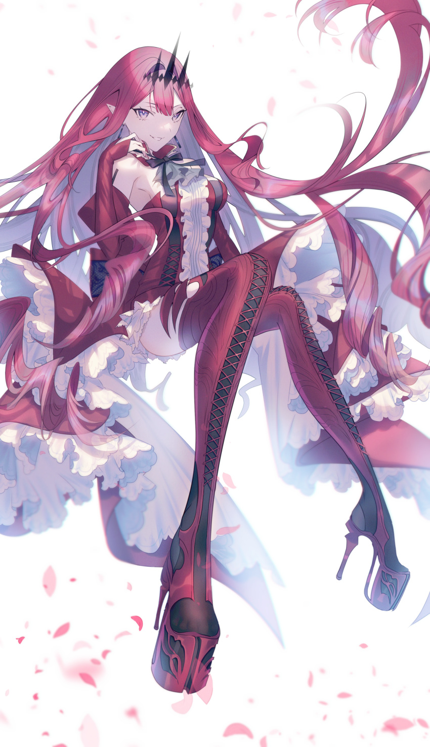 absurdres baobhan_sith_(fate) baobhan_sith_(first_ascension)_(fate) bare_shoulders boots breasts center_frills detached_collar detached_sleeves dress earrings fate/grand_order fate_(series) female frills full_body grey_eyes grin high_heel_boots high_heels highres jewelry katase_bono large_breasts long_hair looking_at_viewer pink_hair platform_footwear platform_heels pointy_ears red_dress red_footwear sidelocks smile solo thigh_boots thighhighs thighs tiara very_long_hair white_background