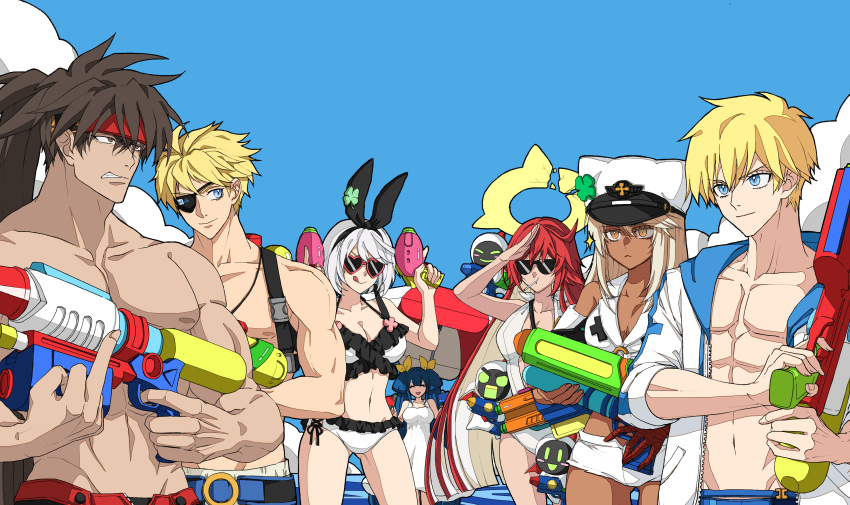 3boys 4girls abs absurdres ahoge alternate_costume bandaged_arm bandages bikini black_hairband blonde_hair blue_eyes blue_hair blunt_ends breasts broken_halo brown_hair cleavage clover colored_inner_hair dark-skinned_female dark_skin dizzy_(guilty_gear) dress ebi_pri_shrimp elphelt_valentine eyepatch family father-in-law_and_son-in-law father_and_daughter father_and_son four-leaf_clover frilled_bikini frills grandfather_and_grandson guilty_gear guilty_gear_strive guilty_gear_xrd gun hair_between_eyes hair_ribbon hair_rings hairband halo heart heart-shaped_eyewear highres holding holding_gun holding_weapon huge_ahoge husband_and_wife jack-o'_valentine ky_kiske large_breasts long_hair looking_at_viewer mature_female medium_breasts messy_hair mother_and_son multicolored_hair multiple_boys multiple_girls muscular muscular_male navel orange_eyes ramlethal_valentine red_eyes red_hair ribbon short_hair short_shorts shorts sin_kiske smile sol_badguy spiked_halo summer sunglasses swimsuit two-tone_hair very_long_hair weapon white_bikini white_dress white_hair white_shorts yellow_ribbon