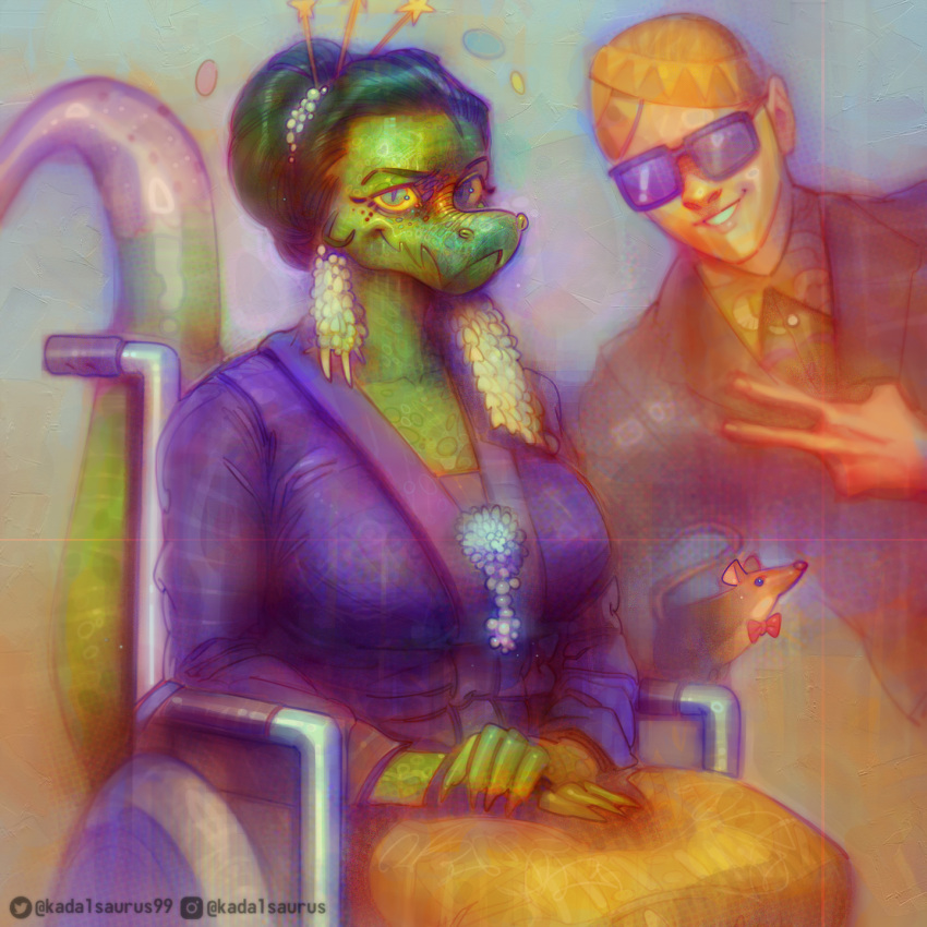 anthro breasts cavemanon_studios eyewear female feral gem glasses group hi_res human i_wani_hug_that_gator inco_(iwhtg) kadalsaurus looking_at_viewer male mammal mouse murid murine nails olivia_halford rodent tail trio vehicle wheel wheelchair