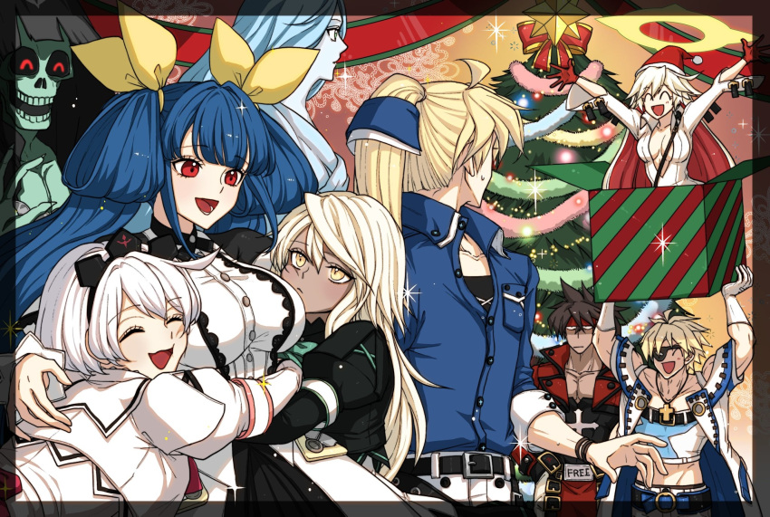 4boys 5girls ahoge blonde_hair blue_eyes blue_hair blunt_ends blush box breasts brown_hair christmas christmas_ornaments christmas_tree collared_shirt colored_inner_hair dark-skinned_female dark_skin dizzy_(guilty_gear) ebi_pri_shrimp elphelt_valentine father-in-law_and_son-in-law father_and_son forehead_protector front_slit gift gift_box gloves grandfather_and_grandson guilty_gear guilty_gear_xrd hair_between_eyes hair_ribbon hair_rings hairband halo hat highres huge_ahoge husband_and_wife jack-o'_valentine ky_kiske large_breasts long_hair long_sleeves mother_and_son multicolored_hair multiple_boys multiple_girls muscular muscular_male necro_(guilty_gear) open_mouth plunging_neckline ramlethal_valentine red_eyes red_gloves red_hair ribbon santa_hat shirt short_hair sin_kiske smile sol_badguy spiked_hair spiked_hairband spiked_halo spikes tail tail_ornament tail_ribbon two-tone_hair undine_(guilty_gear) very_long_hair white_hair white_shirt yellow_eyes yellow_ribbon