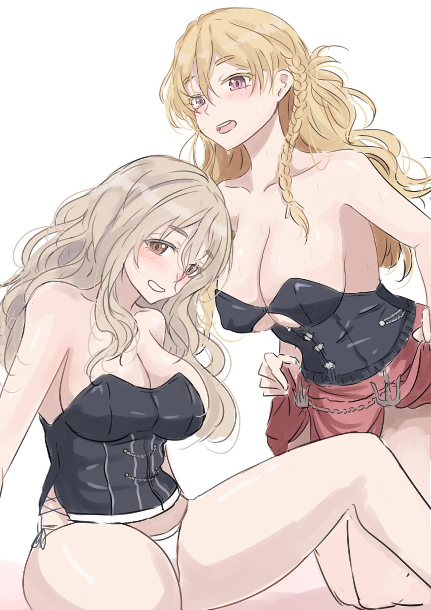 bare_shoulders black_corset blonde_hair braid breasts brown_eyes cleavage collarbone corset feet_out_of_frame grey_hair highres kantai_collection ken_(shutenndouji1) kneeling large_breasts long_hair panties pola_(kancolle) red_skirt simple_background single_braid sitting skirt thick_eyebrows underwear wavy_hair white_background white_panties zara_(kancolle)