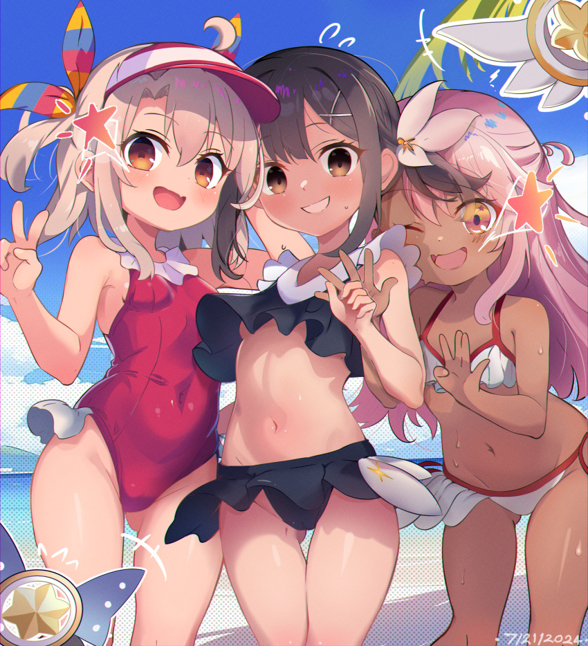 3girls absurdres ass_visible_through_thighs bare_shoulders beach bikini black_bikini black_hair blush breasts brown_eyes chloe_von_einzbern covered_navel dark-skinned_female dark_skin fate/kaleid_liner_prisma_illya fate_(series) hair_ornament hairclip highres illyasviel_von_einzbern kanykou long_hair looking_at_viewer magical_ruby magical_sapphire miyu_edelfelt multiple_girls navel oerba_yun_fang one-piece_swimsuit one_eye_closed open_mouth orange_eyes pink_hair red_eyes red_one-piece_swimsuit shore sidelocks skin_fang small_breasts smile sweat swimsuit thigh_gap thighs twintails two_side_up v visor_cap white_bikini white_hair