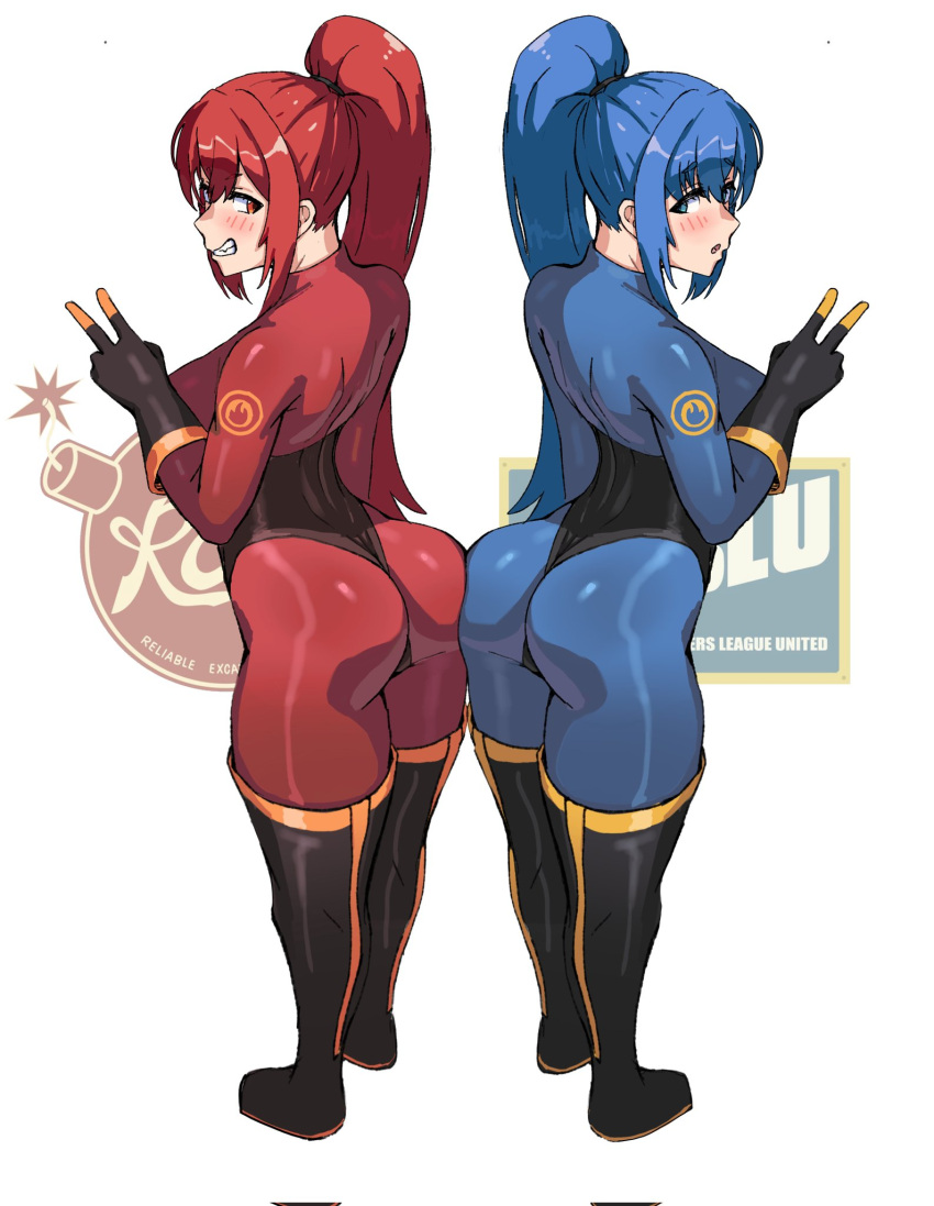 2girls ass ass-to-ass black_footwear black_gloves blu_pyro_(tf2) blue_bodysuit blue_eyes blue_hair bodysuit boots breasts full_body gloves grin highres impossible_bodysuit impossible_clothes large_breasts latex latex_bodysuit looking_at_viewer multiple_girls open_mouth ponytail pyro_(tf2) red_bodysuit red_eyes red_hair red_pyro_(tf2) smile team_fortress_2 teeth thigh_boots v wersman white_background