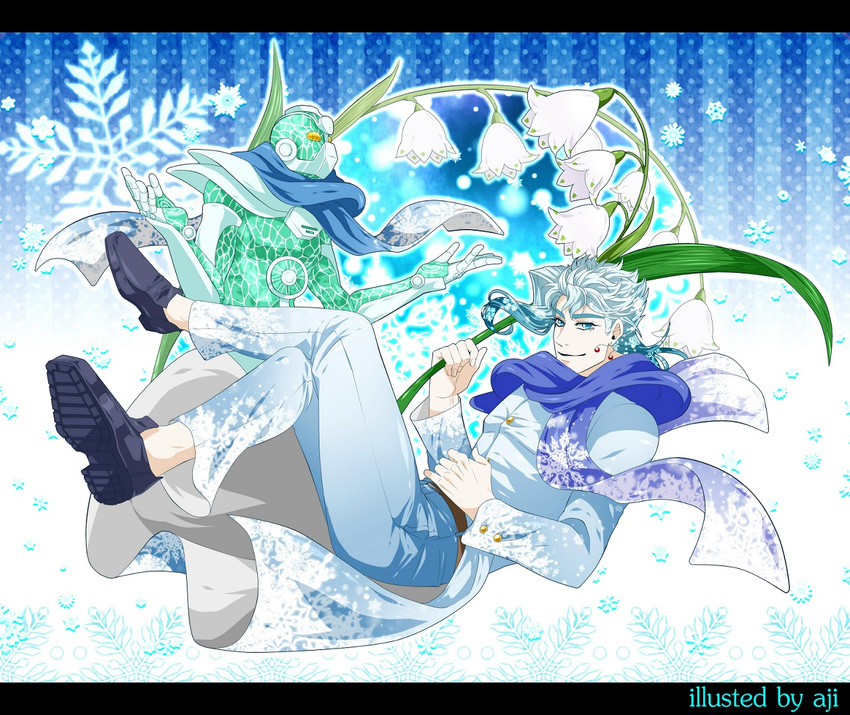 2boys aji_(coastal_area) blue_hair commentary_request flower hierophant_green jojo_no_kimyou_na_bouken kakyoin_noriaki male_focus multiple_boys scarf snowbell_(flower) snowflake_print snowflakes stand_(jojo) white_flower white_hair winter