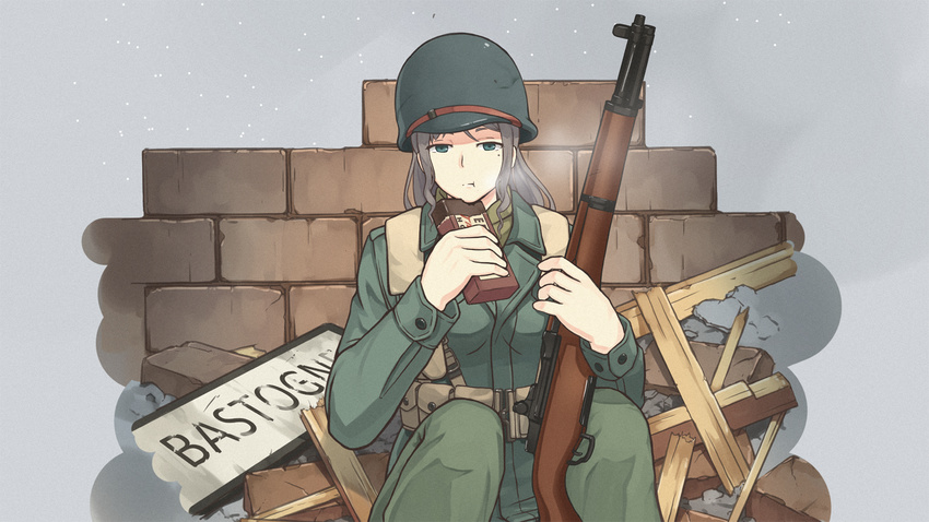 bad_id bad_pixiv_id breasts brick_wall candy chocolate chocolate_bar commentary_request debris eating female food green_eyes gun helmet highres holding holding_gun holding_weapon m1_garand mikado_(winters) military military_uniform original rifle rubble sign sitting snowing solo uniform wall weapon wood