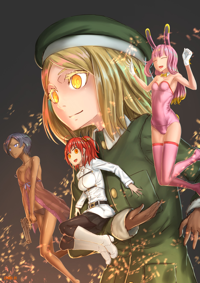 4girls animal_ears babydoll belt beretta_92 blue_eyes chaldea_uniform closed_eyes commentary_request fate/grand_order fate_(series) fujimaru_ritsuka_(female) giant giantess gun handgun highres multiple_girls orange_eyes pantyhose paul_bunyan_(fate) playboy_bunny rabbit_ears riyo_servant_(babydoll)_(fate) riyo_servant_(bunnygirl)_(fate) smile tafuu_(tortafu) thighhighs weapon yellow_eyes