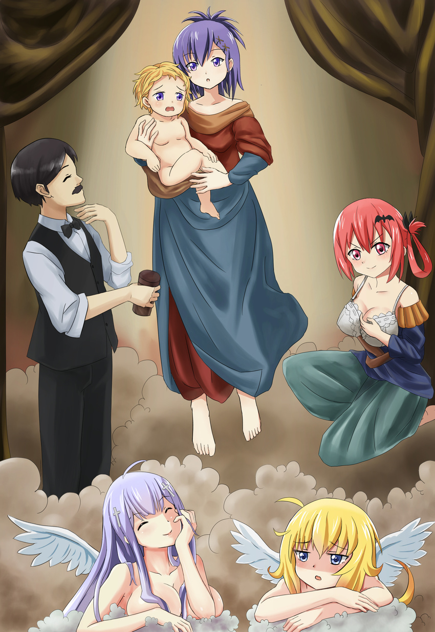 1boy 4girls :o absurdres angel baby barefoot bat_hair_ornament black_hair blonde_hair blue_eyes bow bowtie bra breasts closed_eyes cloud commentary_request cross_hair_ornament facial_hair fine_art_parody full_body gabriel_dropout gabriel_tenma_white grey_hair hair_ornament hair_rings head_rest highres large_breasts master_(gabriel_dropout) moustache multiple_girls nude parody photoshop_(medium) purple_eyes purple_hair raphiel_shiraha_ainsworth red_hair satanichia_kurumizawa_mcdowell sistine_madonna smile the_hermit underwear vest vignette_tsukinose_april white_bra wings x_hair_ornament