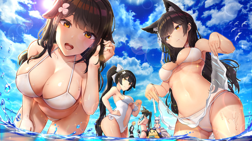 :d absurdres adjusting_hair akagi_(azur_lane) alternate_costume animal_ears ass ass_visible_through_thighs atago_(azur_lane) azur_lane bangs bikini black_hair black_legwear blue_bikini blue_eyes blue_sky blunt_bangs blush bow breasts brown_eyes brown_hair cat_ears choukai_(azur_lane) cleavage closed_mouth cloud extra_ears eyebrows_visible_through_hair fox_ears fox_tail groin gui_ss hair_between_eyes hair_flaps hair_ornament hair_ribbon highres huge_filesize kaga_(azur_lane) large_breasts leaning_forward lifted_by_self long_hair long_sleeves looking_at_viewer maya_(azur_lane) mole mole_under_eye multiple_girls multiple_tails navel oerba_yun_fang open_mouth outdoors red_bikini red_eyes ribbon sarong sarong_lift short_hair skirt sky smile sparkle splashing stomach sunlight swept_bangs swimsuit tail takao_(azur_lane) thighs wading wet white_bikini white_hair white_ribbon yamashiro_(azur_lane)