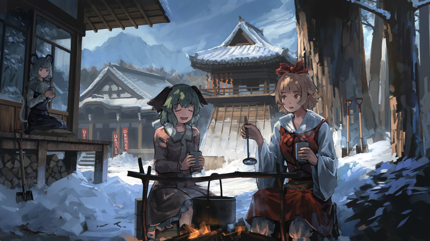 3girls animal_ears bad_id bad_pixiv_id black_dress blonde_hair blue_sky brown_dress building capelet closed_eyes cloud cloudy_sky commentary_request cup day dress fire firewood forest green_hair grey_hair hair_ornament highres holding holding_cup kasodani_kyouko ladle long_sleeves looking_at_another md5_mismatch mikado_(winters) mountain mouse_ears mouse_tail multiple_girls myouren_temple nature nazrin open_mouth outdoors petticoat red_dress red_eyes seiza short_hair shovel sitting sky smile snow tail toramaru_shou touhou tree wide_sleeves yellow_eyes