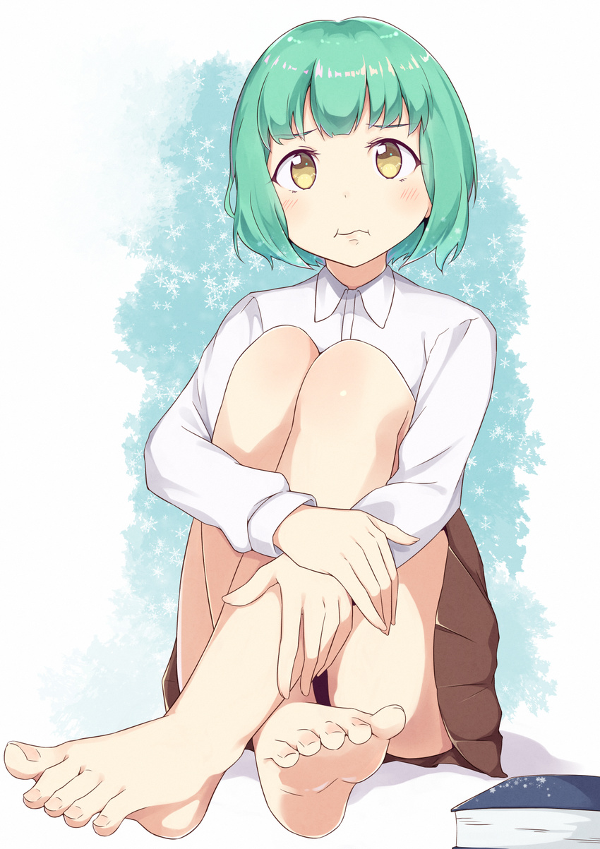 barefoot blush book brown_skirt bushinofuji commentary_request demi-chan_wa_kataritai dress_shirt feet female full_body green_hair highres hugging_own_legs kusakabe_yuki_(demi-chan_wa_kataritai) legs looking_at_viewer panties pantyshot pleated_skirt pout shirt short_hair sitting skirt soles solo thighs toenails toes underwear white_shirt yellow_eyes