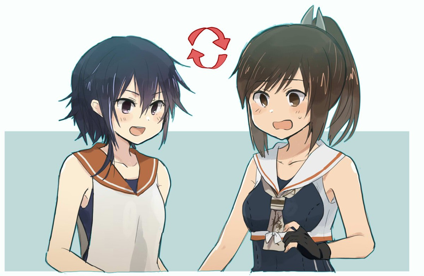 2girls annin_musou bad_id bad_twitter_id black_hair brown_eyes brown_hair commentary_request cosplay costume_switch fingerless_gloves framed_breasts gloves hair_ornament i-14_(kancolle) i-14_(kancolle)_(cosplay) i-401_(kancolle) i-401_(kancolle)_(cosplay) kantai_collection long_hair multiple_girls neckerchief open_mouth ponytail sailor_collar school_swimsuit shirt short_hair sidelocks sleeveless sleeveless_shirt smile swimsuit swimsuit_under_clothes tan upper_body