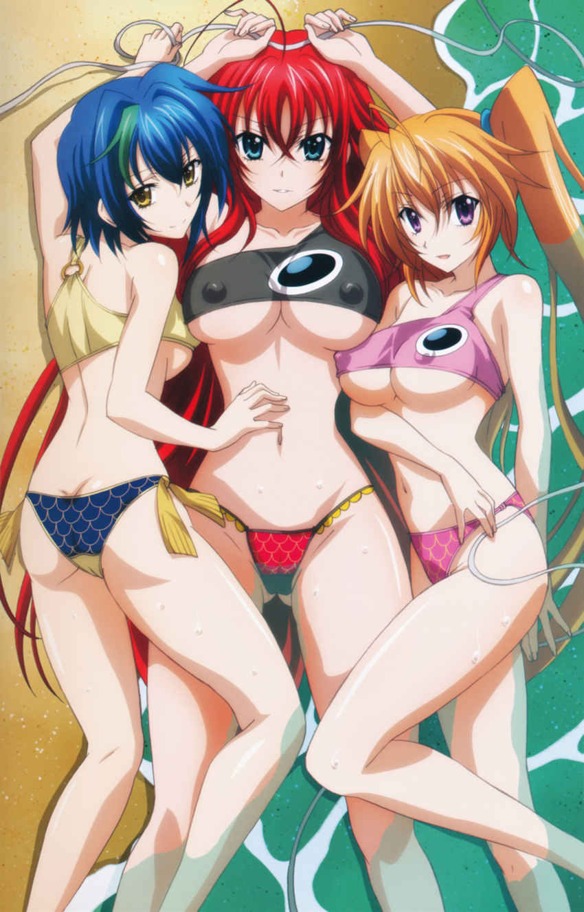 3girls absurdres ahoge ass bad_deviantart_id bad_id blonde_hair blue_hair breasts covered_nipples girl_sandwich green_hair high_school_dxd high_school_dxd_born highres large_breasts long_hair medium_breasts multicolored_hair multiple_girls photoshop_(medium) purple_eyes rias_gremory sandwiched shidou_irina short_hair swimsuit teshima_noriko twintails two-tone_hair very_long_hair xenovia_quarta yellow_eyes