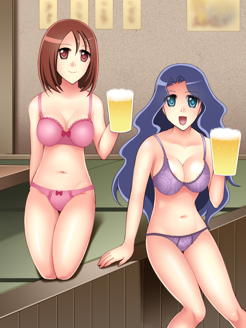 2girls alcohol beer blue_eyes blue_hair bra breasts brown_hair cleavage hanasaki_mizuki heartcatch_precure! highres kneeling kurumi_sakura large_breasts legs long_hair looking_at_viewer milf multiple_girls navel nightmare_express open_mouth panties pink_bra pink_panties precure purple_bra purple_panties red_eyes short_hair sitting smile thighs underwear