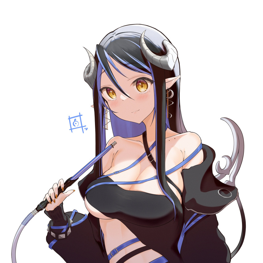 absurdres bandeau belt black_bandeau black_belt black_hair black_jacket blue_belt blue_hair blush breasts chest_belt cleavage closed_mouth collarbone commentary_request curled_horns demon_girl demon_horns female grey_horns hair_between_eyes hebiyoi_tier hebiyoi_tier_(1st_costume) highres holding hookah horns jacket large_breasts long_bangs long_hair long_sleeves looking_at_viewer multicolored_hair nanashi_inc. off_shoulder open_clothes open_jacket pointy_ears shiroi_toko sidelocks simple_background smile snake_bite solo two-tone_hair upper_body virtual_youtuber white_background yellow_eyes