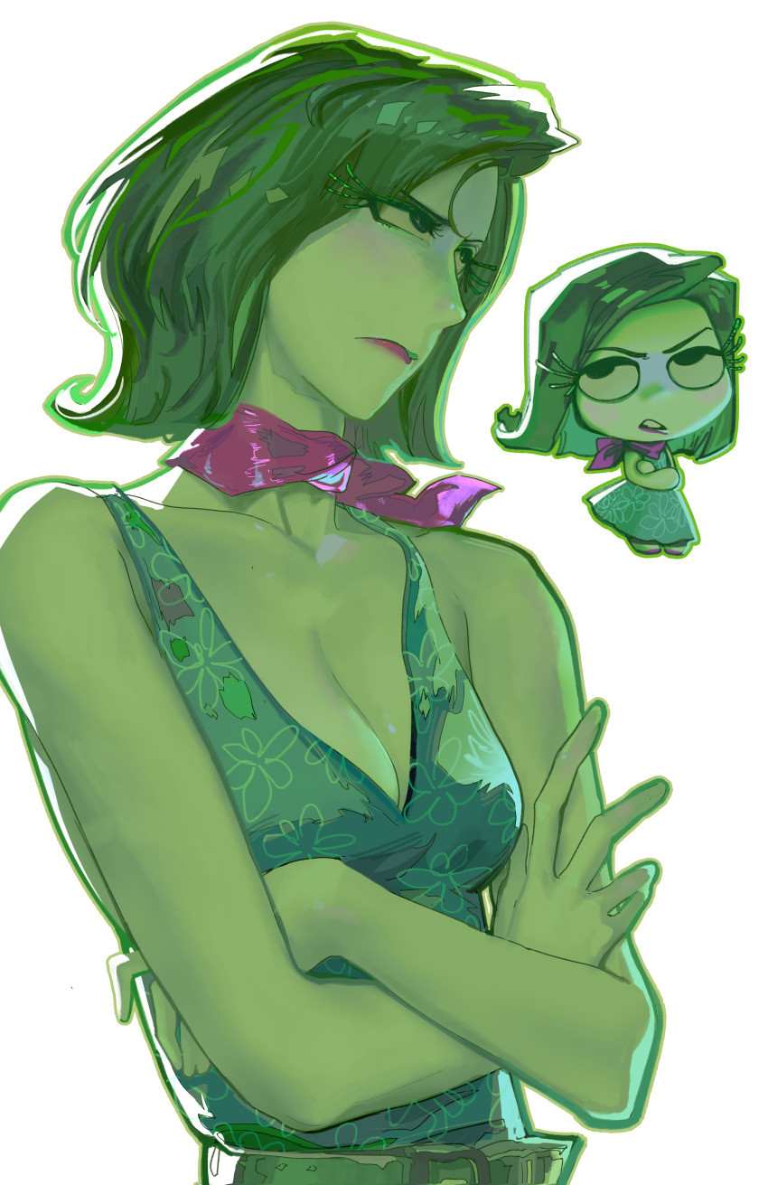 absurdres breasts cleavage colored_sclera colored_skin disgust_(inside_out) dress female green_dress green_eyes green_hair green_sclera green_skin highres inside_out purple_bandana qianyu_rainz simple_background small_breasts white_background