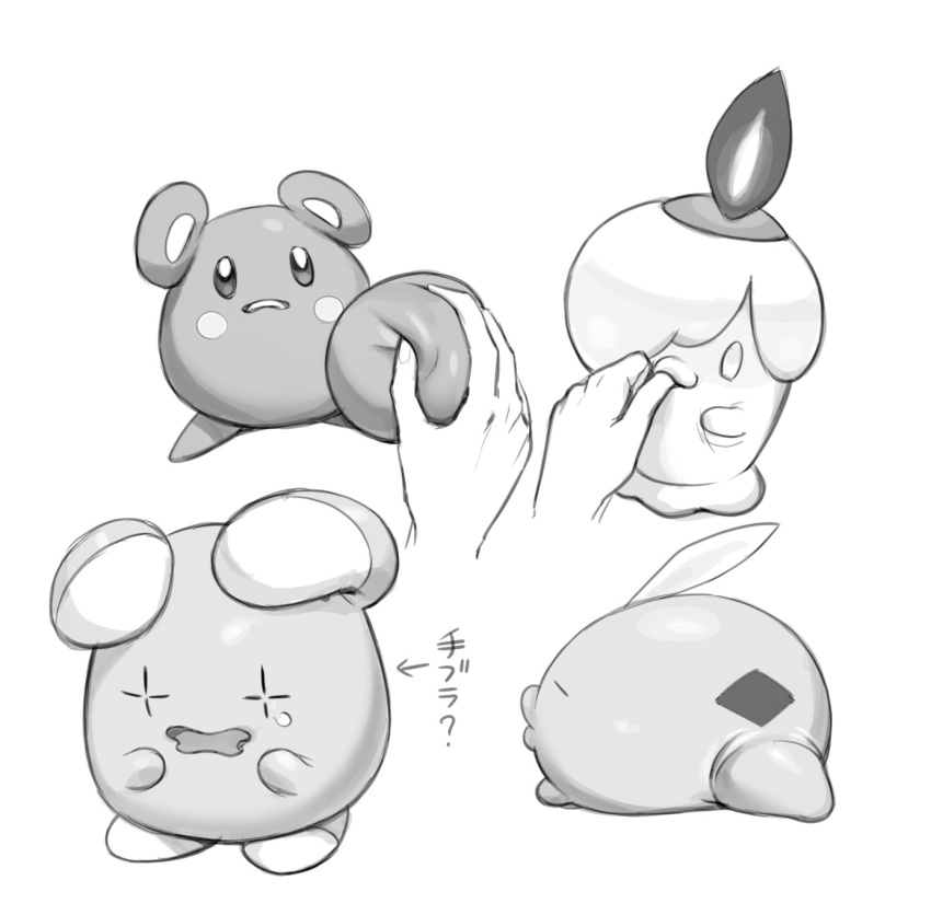 1other azurill commentary_request finger_in_another's_mouth greyscale gulpin highres holding_another's_tail kaiben-san_tarou litwick monochrome pokemon pokemon_(creature) sweatdrop tail translation_request wavy_mouth whismur