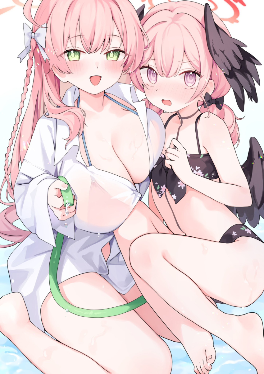 2girls :d asymmetrical_docking barefoot bikini bikini_under_clothes black_bikini black_bow black_wings blue_archive blush bow braid breast_press breasts bright_pupils cleavage collared_shirt commentary double-parted_bangs dress_shirt embarrassed feathered_wings flat_chest foot_out_of_frame full-face_blush green_eyes hair_between_eyes hair_over_shoulder hairbow halo halterneck hanako_(blue_archive) hanako_(swimsuit)_(blue_archive) hand_up happy hashtag-only_commentary head_wings highres holding holding_hose hose kashuu_(pixiv_66328082) koharu_(blue_archive) koharu_(swimsuit)_(blue_archive) large_breasts long_hair long_sleeves looking_at_viewer low_twintails low_wings multiple_girls nose_blush open_mouth oversized_clothes oversized_shirt partially_unbuttoned pink_bikini pink_hair pink_halo purple_eyes red_halo see-through see-through_shirt shirt side-by-side simple_background single_braid sitting smile swimsuit thighs toes tsurime twintails upturned_eyes very_long_hair wariza water water_drop wet wet_clothes wet_shirt white_bow white_shirt wings yokozuwari