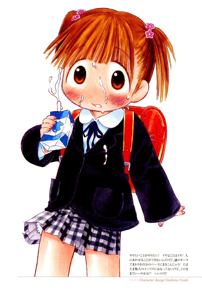 2000s_(style) absurdres artist_name backpack bag blazer blush clothes_lift cowboy_shot embarrassed female flower hair_flower hair_ornament highres jacket lolicon looking_at_viewer medium_hair non-web_source official_art onomichi_mion ooshima_yuuki orange_hair plaid_clothes plaid_skirt pleated_skirt randoseru red_eyes retro_artstyle school_uniform sexually_suggestive short_twintails shuukan_watashi_no_onii-chan simulated_facial skirt skirt_lift solo suggestive_fluid traditional_media translation_request twintails white_background