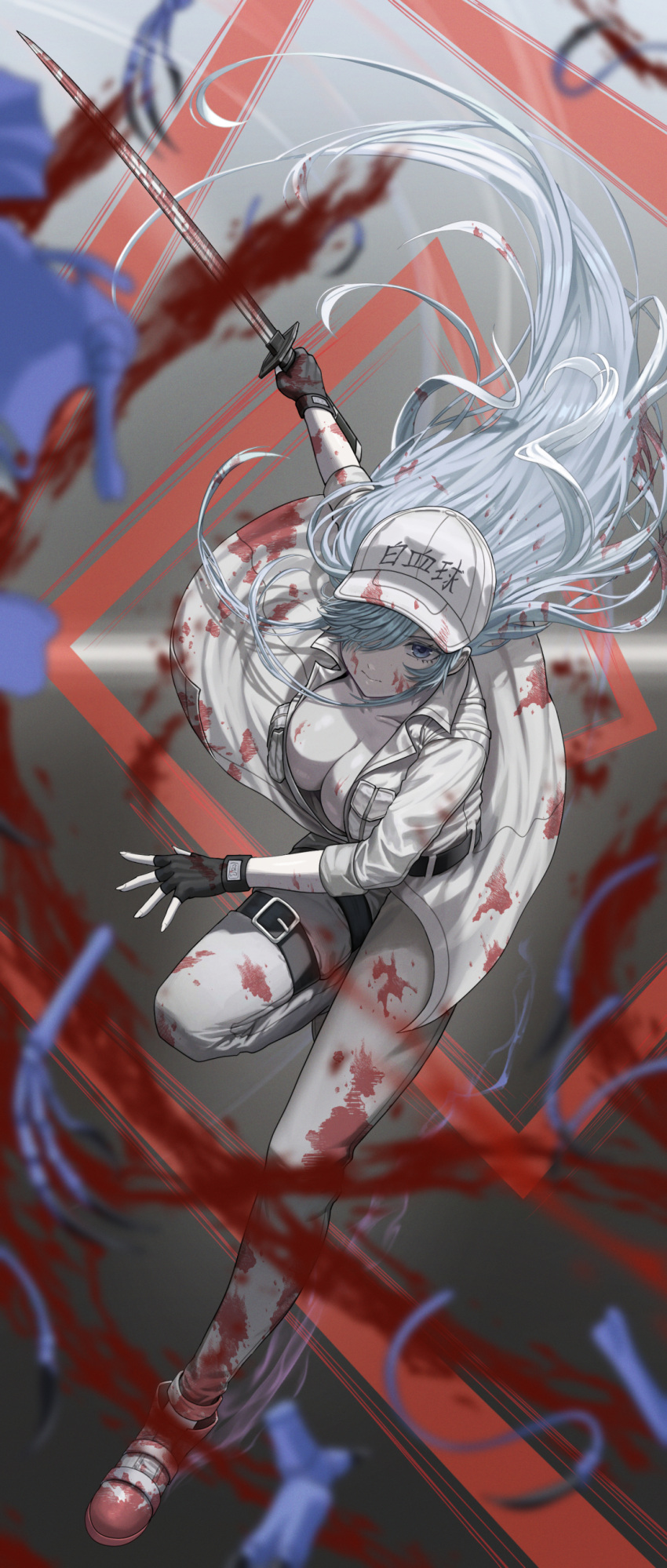 absurdres belt black_belt black_gloves blood blue_eyes breasts cleavage female fingerless_gloves full_body gloves grey_hair hair_over_one_eye hat hataraku_saibou hataraku_saibou_black highres holding holding_sword holding_weapon large_breasts long_hair one_eye_covered silvertsuki solo sword thigh_strap u-1196 weapon white_hat