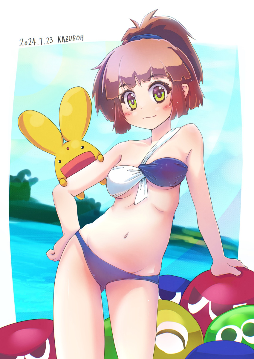 adapted_costume arle_nadja artist_name bikini blue_bikini blush brown_hair carbuncle_(puyopuyo) dated female green_eyes hair_ornament hair_scrunchie high_ponytail highres kazuboh outdoors ponytail puyo_(puyopuyo) puyopuyo scrunchie short_hair short_ponytail single-shoulder_bikini smile solo swimsuit white_bikini