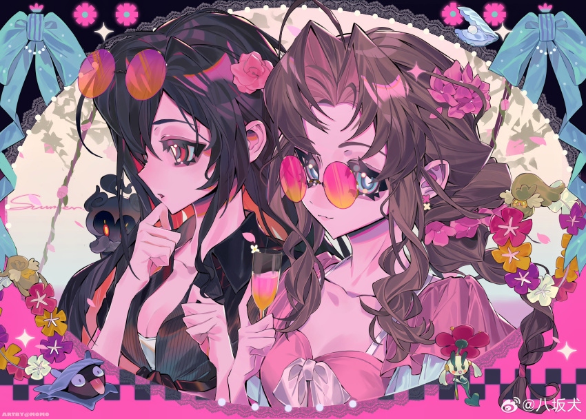 2girls absurdres ahoge alcohol black_background black_hair black_shirt blue_eyes bow bowtie bra bra_strap braid bright_pupils brown_hair character_request chinese_commentary closed_mouth collarbone collared_shirt colored_inner_hair commentary_request copyright_request creature drink english_text eyelashes flower flower_necklace glass gradient-tinted_eyewear hair_flower hair_ornament hand_on_own_chin highres holding holding_drink lapels layered_sleeves lei long_hair looking_at_viewer looking_to_the_side multicolored_hair multiple_girls notched_lapels orange-tinted_eyewear orange_hair outside_border parted_bangs parted_lips pink-tinted_eyewear pink_background pink_bow pink_bowtie pink_flower pink_lips pink_shirt pinstripe_pattern pinstripe_shirt pleated_sleeves red_eyes round_eyewear shirt short_sleeves sidelocks single_braid smile sparkle summer sunglasses sunset taowu_(20809) tinted_eyewear tree two-tone_background underwear upper_body wavy_hair weibo_watermark white_bra white_pupils