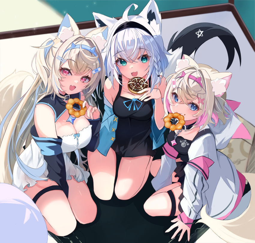 3girls absurdres ahoge animal_ear_fluff animal_ears aqua_eyes bandaid bandaid_hair_ornament belt black_collar blonde_hair blue_eyes blue_hair blush braid breasts choco_fashion chocolate_doughnut collar colored_inner_animal_ears dog_ears dog_girl dog_tail doughnut eating food fox_ears fox_girl fox_tail fuwawa_abyssgard hair_between_eyes hair_ornament hairband headband highres holding holding_doughnut holding_food hololive hololive_english horn_hairband large_breasts long_hair looking_at_viewer mococo_abyssgard mouth_hold multicolored_hair multiple_girls old-fashioned_doughnut open_mouth pentagram pink_belt pink_brooch pink_eyes pink_hair pink_hairband pink_headband pon_de_ring shirakami_fubuki siblings side_braid sidelocks single_braid sisters smile soma443 streaked_hair tail twins virtual_youtuber white_hair x_hair_ornament