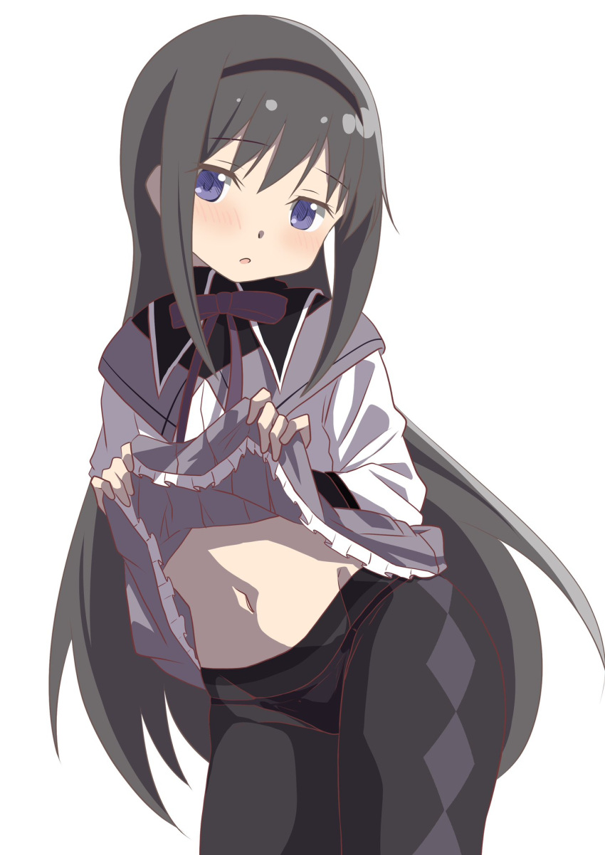 akemi_homura akemi_homura_(magical_girl) black_hair black_hairband blush clothes_lift commentary_request cowboy_shot female hairband hateri highres long_hair long_sleeves looking_at_viewer mahou_shoujo_madoka_magica navel panties panties_under_pantyhose pantyhose purple_eyes shirt_lift simple_background solo stomach straight_hair underwear very_long_hair white_background