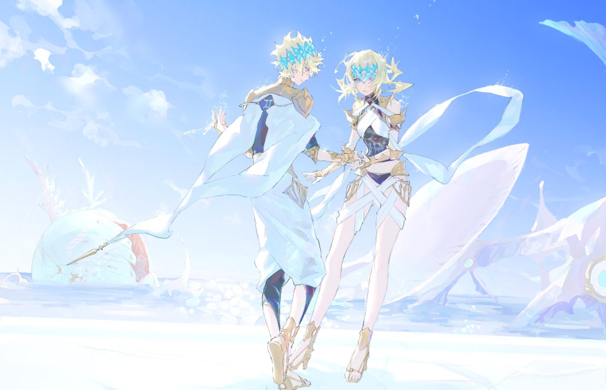 1boy aphrodite_(fate) armlet armor bare_shoulders black_bikini_bottom black_leggings black_shirt blonde_hair blue_sky brother_and_sister cape castor_(fate) collar demeter_(fate) diadem fate/grand_order fate_(series) female full_body gauntlets gold_armor gold_footwear hashtag-only_commentary high_heels highres imminent_hand_holding jewelry leggings looking_down metal_collar ocean open_mouth outdoors pollux_(fate) purple_eyes robe sandals shirt short_hair short_twintails shoulder_armor siblings sky sleeveless sleeveless_shirt smile standing standing_on_one_leg twins twintails uda_(xax_057) white_cape white_robe