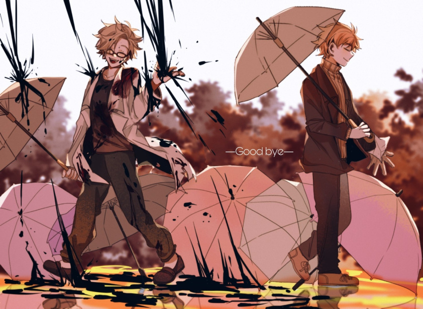 2boys atou_haruki black_footwear black_jacket black_pants black_shirt blonde_hair blood blood_on_clothes blurry blurry_background brown_footwear brown_sweater chinese_commentary commentary_request english_text full_body glasses goodbye grey_hair holding holding_umbrella jacket kanou_aogu lab_coat liquid long_sleeves male_focus multiple_boys open_clothes open_jacket open_mouth pants red_eyes ribbed_sweater saibou_shinkyoku shirt short_hair smile sweater too_many_umbrellas turtleneck turtleneck_sweater umbrella walking yan_wei_fan