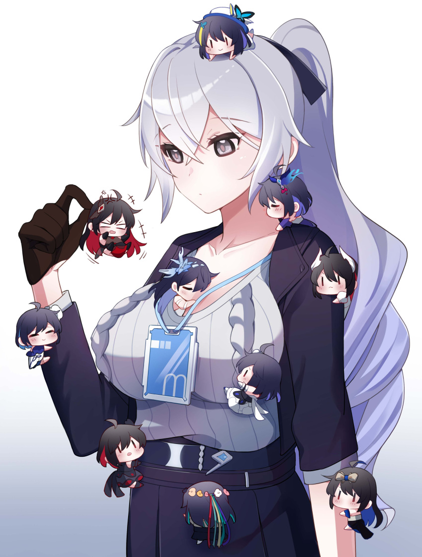 6+girls absurdres ahoge black_gloves black_hair black_jacket blue_hair breasts bronya_zaychik closed_eyes colored_inner_hair gloves gradient_background grey_background grey_eyes grey_hair grey_shirt highres honkai_(series) honkai_impact_3rd jacket large_breasts long_hair multicolored_hair multiple_girls multiple_persona open_clothes open_jacket ponytail red_hair ribbed_shirt seele_vollerei shirt sunny_day_9797 upper_body very_long_hair white_background |_|