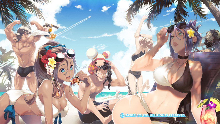 arika artist_request beach blair_dame breasts canine character_request cleavage cloud dark-skinned_female dark_skin earrings fighting_ex_layer flower hair_flower hair_ornament highres jewelry knitty_(technictix) lips long_hair multiple_boys multiple_girls official_art official_wallpaper open_mouth palm_tree pullum_purna rain_(technictix) sand smile sunglasses swimsuit technictix tree