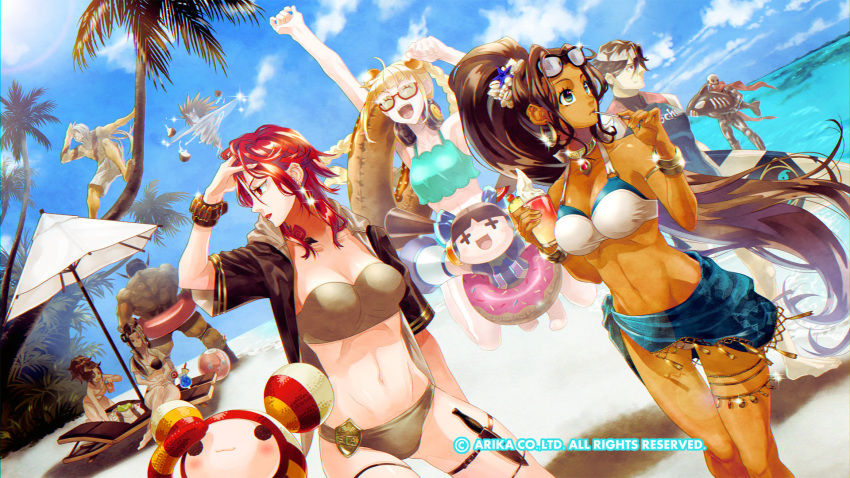 5girls area_(arika) arika artist_request beach blair_dame character_request cloud dark-skinned_male dark_skin darun_mister earrings fighting_ex_layer hair_ornament highres hokuto_(arika) jewelry knitty_(technictix) long_hair multiple_boys multiple_girls nanase_(arika) official_art official_wallpaper open_mouth pullum_purna rain_(technictix) sand shirase_(arika) skullomania smile street_fighter swimsuit technictix