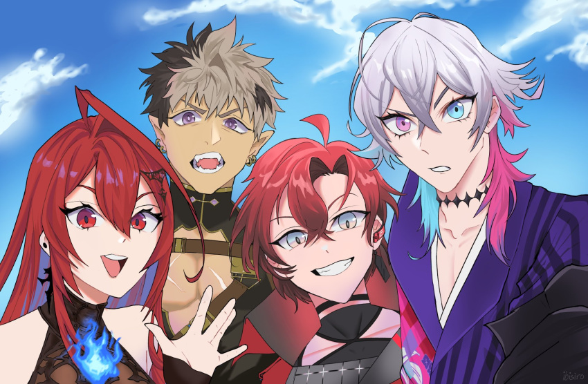 3boys ahoge artist_name black_hair blue_eyes blue_fire blue_hair blue_sky blush coat colored_inner_hair crimzon_ruze diamond_choker dress earrings elizabeth_rose_bloodflame eyelashes eyeshadow fangs female fire gavis_bettel gavis_bettel_(1st_costume) gloves grey_hair grin group_picture hair_between_eyes happy heterochromia highres hololive hololive_english holostars holostars_english huge_ahoge ibisiro jewelry long_hair looking_at_viewer machina_x_flayon machina_x_flayon_(1st_costume) makeup medium_hair multicolored_coat multicolored_hair multiple_boys open_mouth parted_lips pink_eyes pink_eyeshadow pink_hair red_eyes red_hair scarf short_hair signature sky slit_pupils smile striped_coat teeth two-tone_hair upper_body vertical-striped_coat virtual_youtuber white_scarf