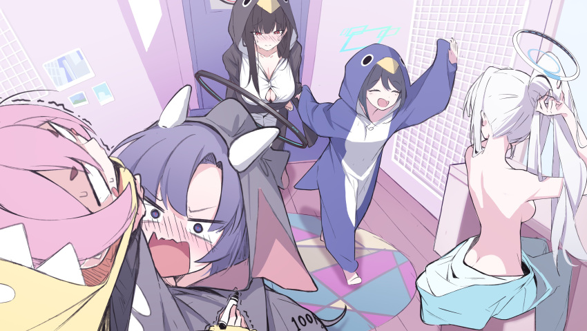 5girls absurdres adjusting_hair alternate_costume angry animal_hood aris_(blue_archive) black_hair blue_archive embarrassed empty_eyes flustered highres holding holding_marker hood hood_up hooded_pajamas koyuki_(blue_archive) lifting_person long_hair marker mmhomm multiple_girls noa_(blue_archive) pajamas pink_hair ponytail purple_eyes purple_hair rio_(blue_archive) seminar_(blue_archive) smile white_hair yuuka_(blue_archive)