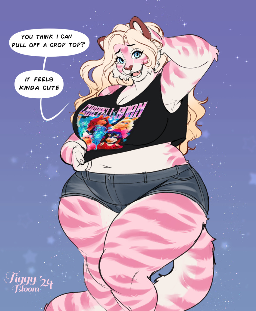 2024 anthro big_breasts blonde_hair blue_eyes bottomwear breasts clothed clothing curvy_figure dialogue eyebrows felid female fingers fur hair hand_behind_head hi_res hotpants huge_breasts long_hair mammal marzipan_(spottedtigress) multicolored_body multicolored_fur navel open_mouth overweight overweight_anthro overweight_female pantherine pink_body pink_fur shorts signature solo speech_bubble standing tail teeth thick_thighs tiger tiggybloom tongue voluptuous white_body white_fur wide_hips