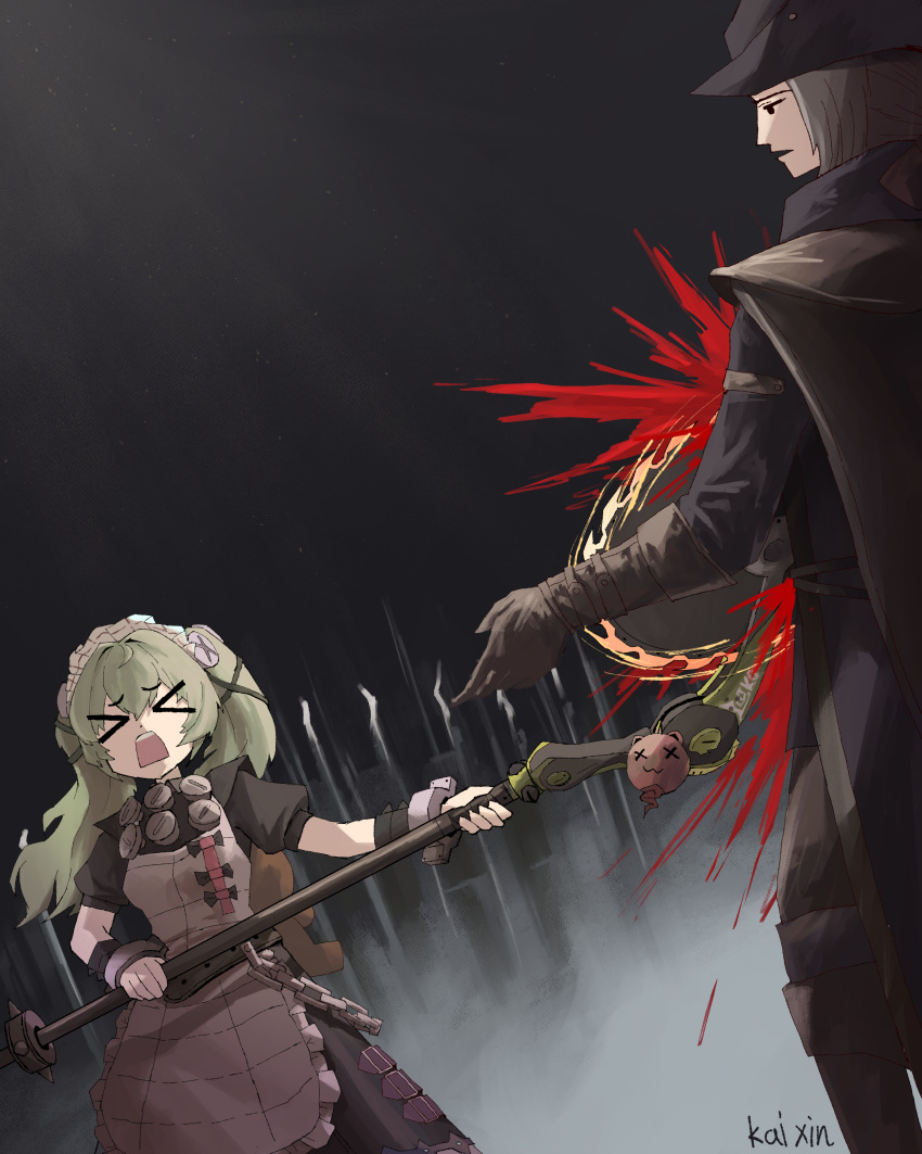 >_< 2girls :o absurdres apron belt black_coat blood blood_splatter bloodborne chains circular_saw coat commentary corin_wickes crossover elbow_gloves frilled_apron frills gloves green_hair grey_gloves grey_hair hair_between_eyes hat height_difference highres holding holding_polearm holding_weapon lady_maria_of_the_astral_clocktower long_hair looking_at_another maid maid_apron maid_headdress multiple_girls polearm saw short_sleeves sidelocks simple_background twintails weapon white_apron zenless_zone_zero zheng_kai_xin